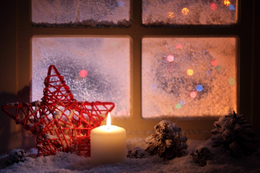 雪,窗口,冬天,颠簸,红色,晚上,蜡烛,明星,窗台