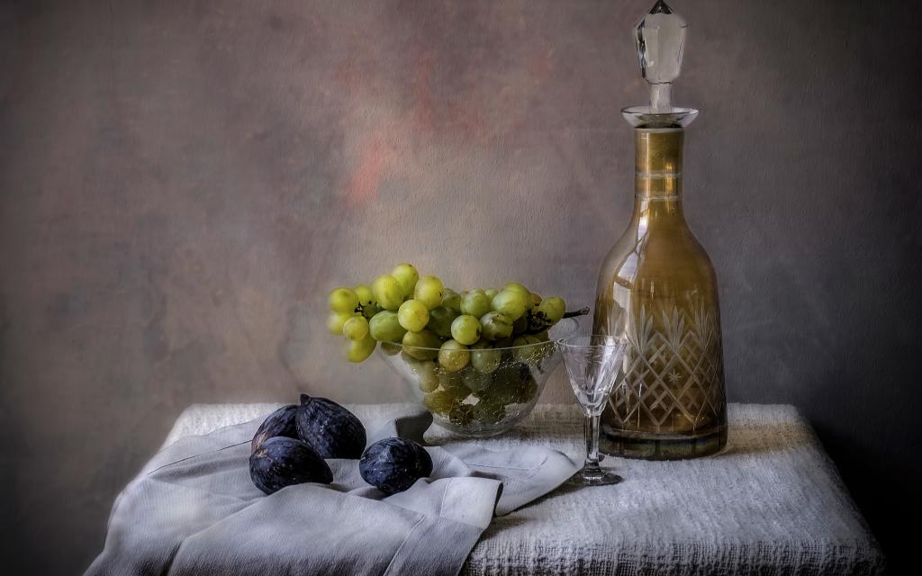 花瓶,玻璃,静物,滗水器,无花果,葡萄
