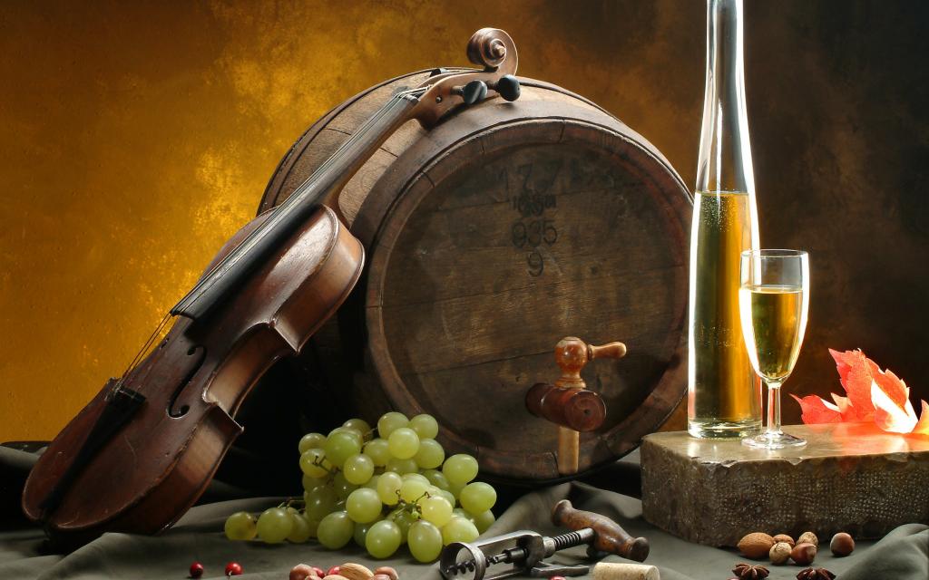 板,桶,玻璃,酒,开瓶器,坚果,白,桌布,葡萄,小提琴