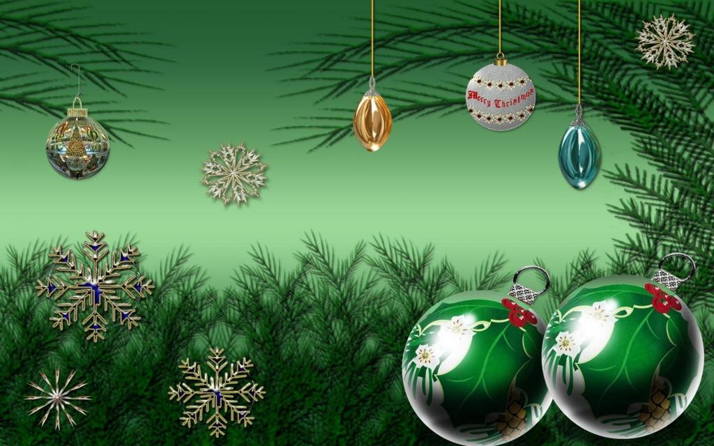绿色,雪花,新的一年,球,圣诞节,圣诞装饰品,树枝,绿色背景