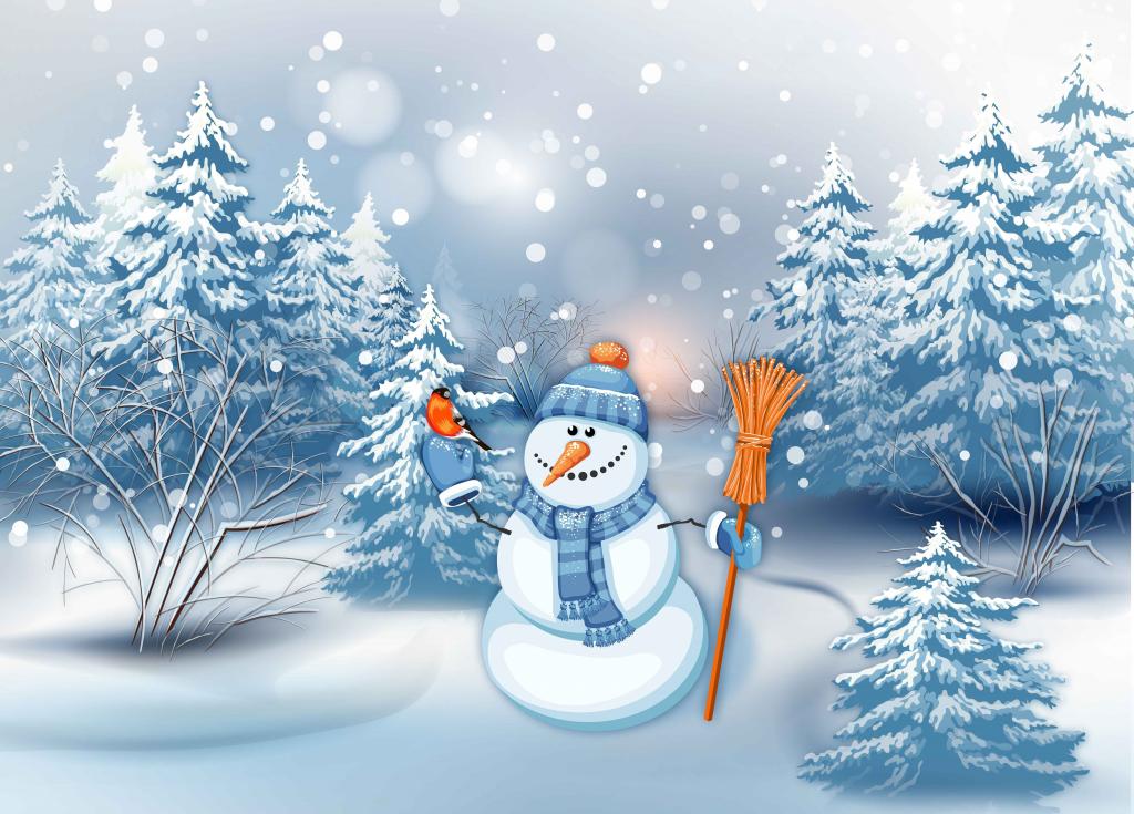 雪人,树,图形,假期,降雪,冬天,鸟,吃,图,胡萝卜,完整的衣服,红腹灰雀,森林,扫帚,...