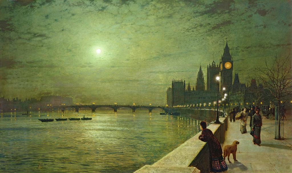 狗,图片,桥,栏杆,伦敦,人,大本钟,月亮,船,塔,约翰·阿特金森...