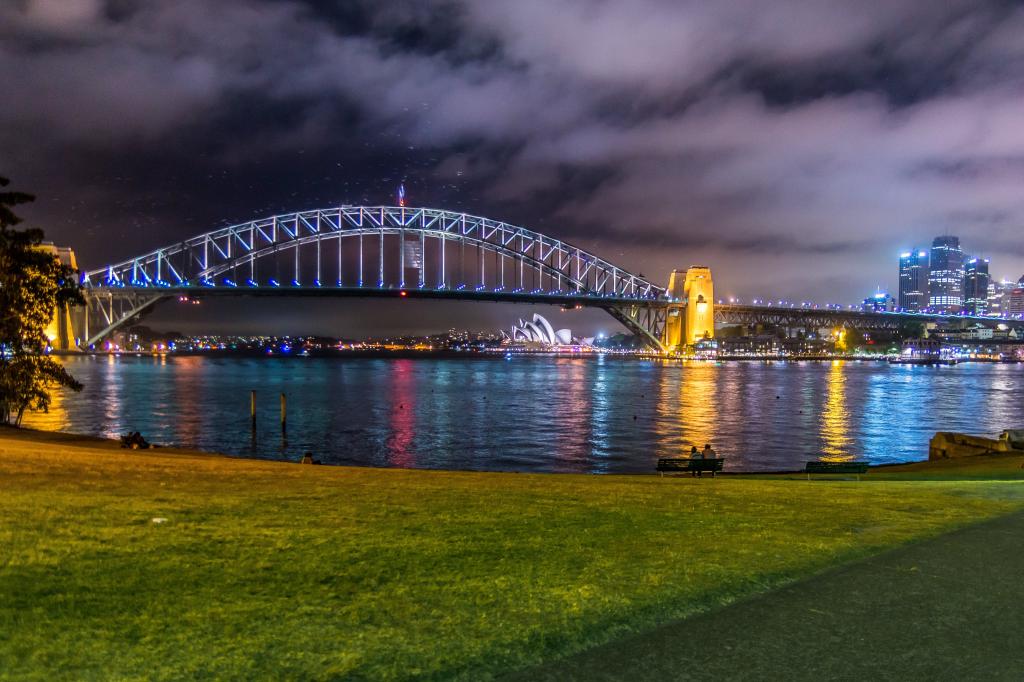 点燃的桥梁与夜间时间的城市景观\,悉尼海港大桥高清壁纸