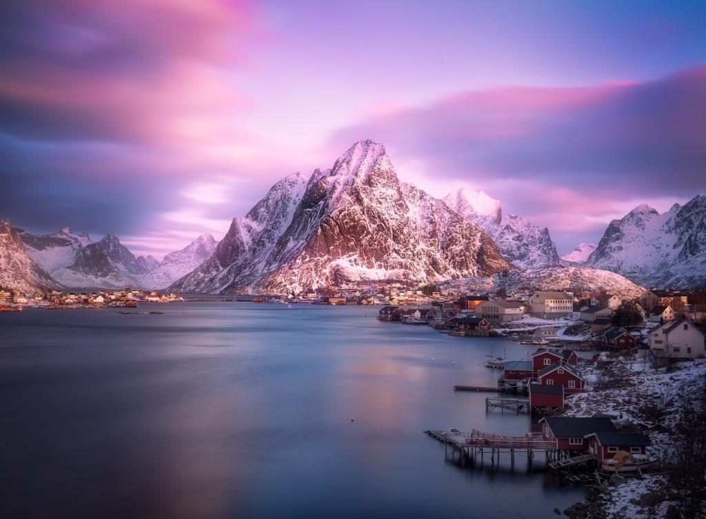 挪威,小镇,峡湾,村庄,冬天,山,定居点,山