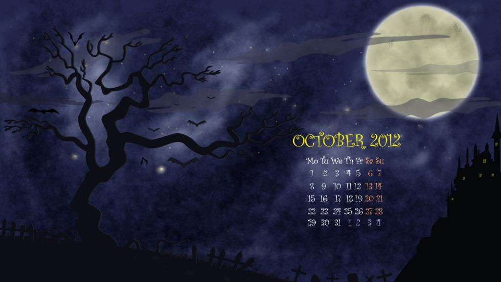 矢量,万圣节,编号,万圣节,树,十月,月亮,日历,晚上,图,一个月,十月,公墓