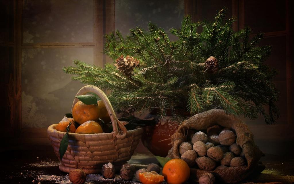 篮,袋,水果,新年,静物,坚果,橘子,树枝,颠簸,树,冬天,窗口,云杉