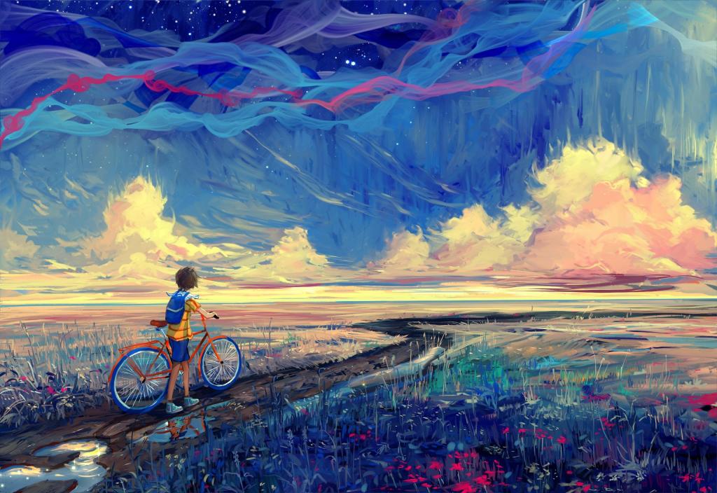 道路,自行车,男孩,绘画,艺术
